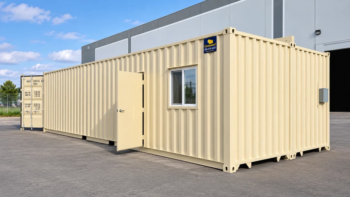 Completed tan container field office with open steel personnel door and dual-pane sliding window