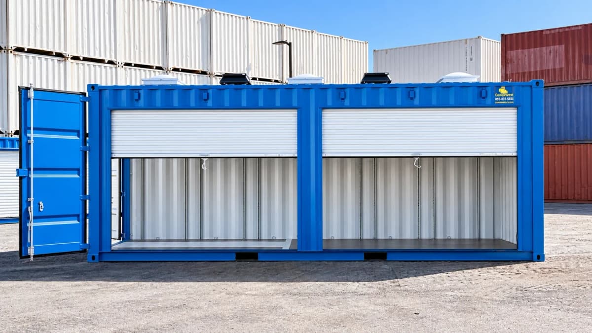 Blue Sandia storage container with open roll-up doors and solar-powered ventilation units visible on the roof