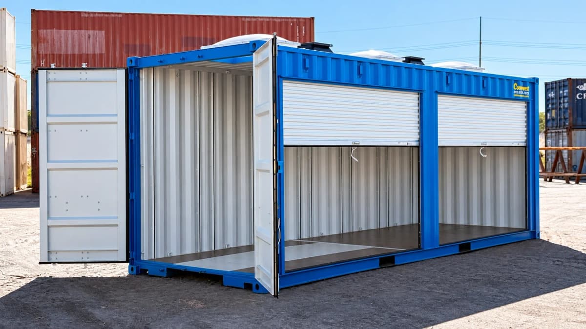 Empty blue 24ft storage container with open end doors and two side roll-up doors providing multiple equipment access points