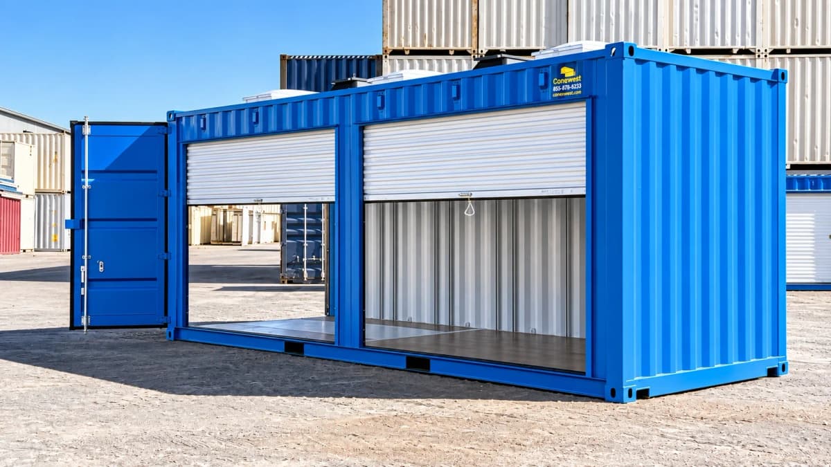 Blue 24ft Sandia storage container with two side roll-up doors open and end cargo door partially open