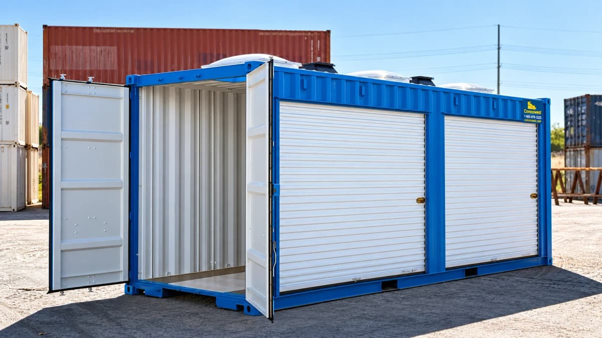 Blue Sandia storage container with open cargo doors and two large white roll-up doors for equipment access