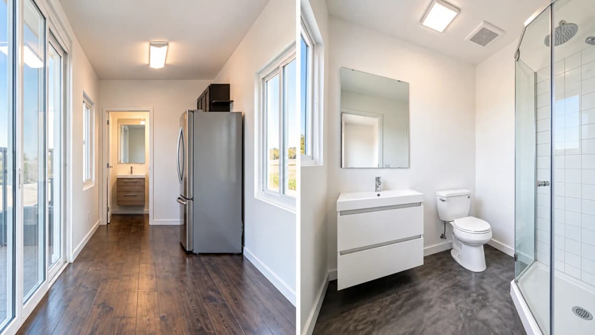 Finished 40ft container home interior with open living area, refrigerator, windows, sliding glass doors, and private bathroom