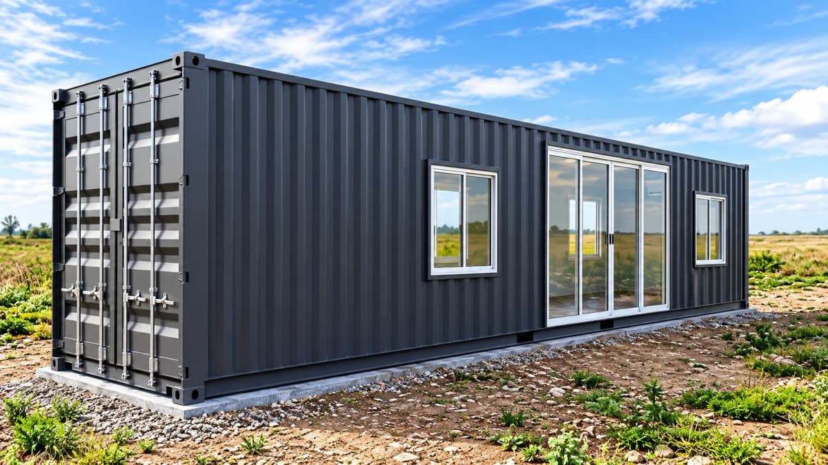 Dark gray 40ft shipping container converted into a living studio with sliding glass doors and residential windows