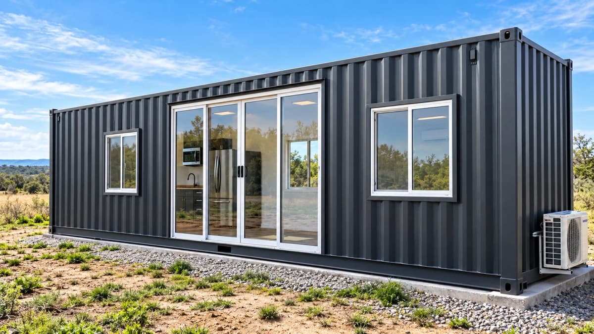 Finished dark gray container living studio with large glass sliding doors, residential windows, and exterior mini-split HVAC unit