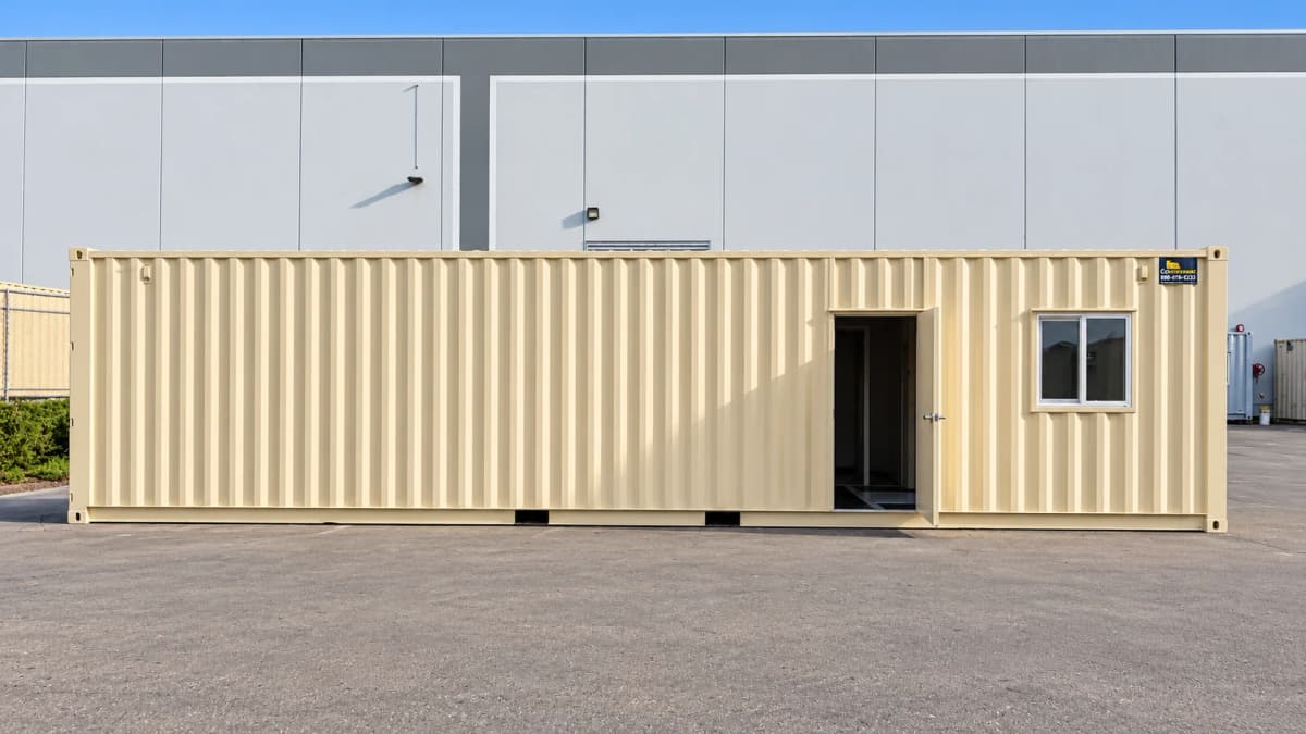 Tan 40ft high cube container modified for the Allied Environmental field office with personnel door and sliding window