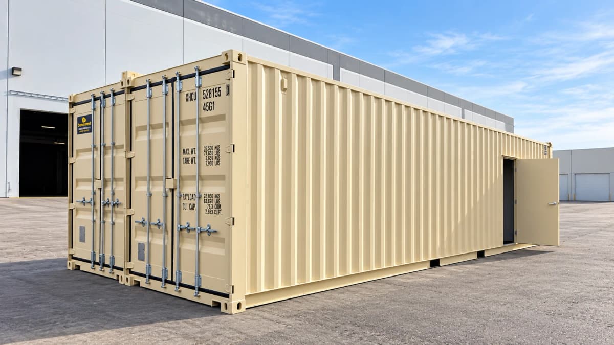Modified 40ft Allied Environmental office container prepared as an individual transportable module with cargo doors and personnel door open