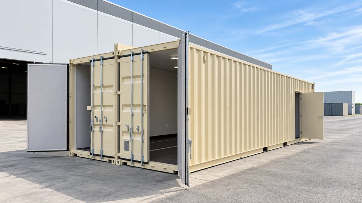 Modified Allied Environmental 40ft office container with cargo doors open showing the finished interior before field assembly