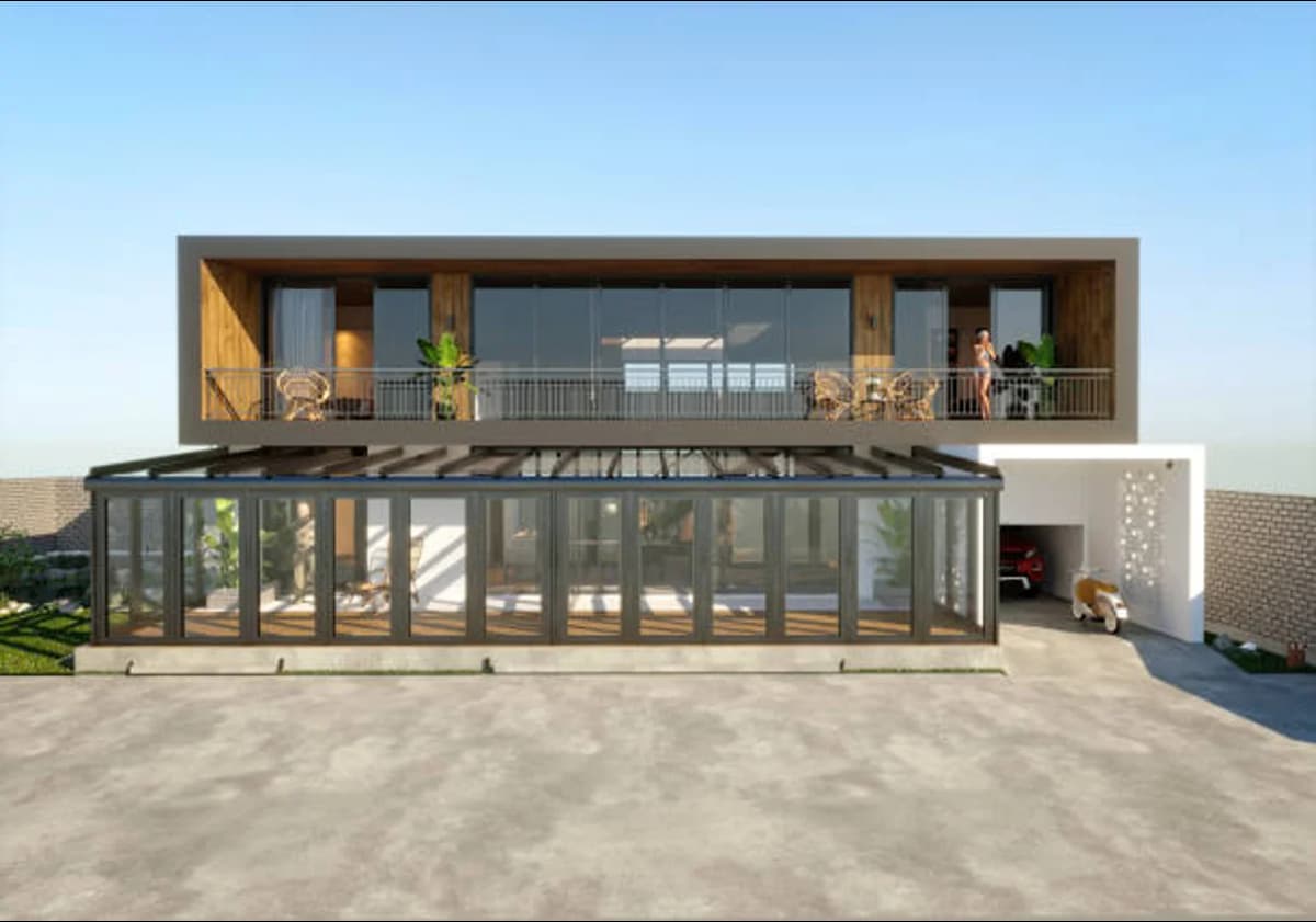 3D image of a shipping container home.