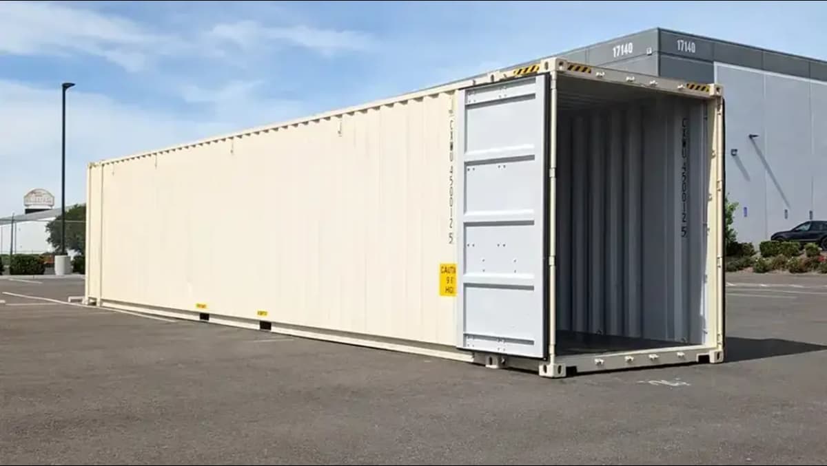 An open shipping container in a lot