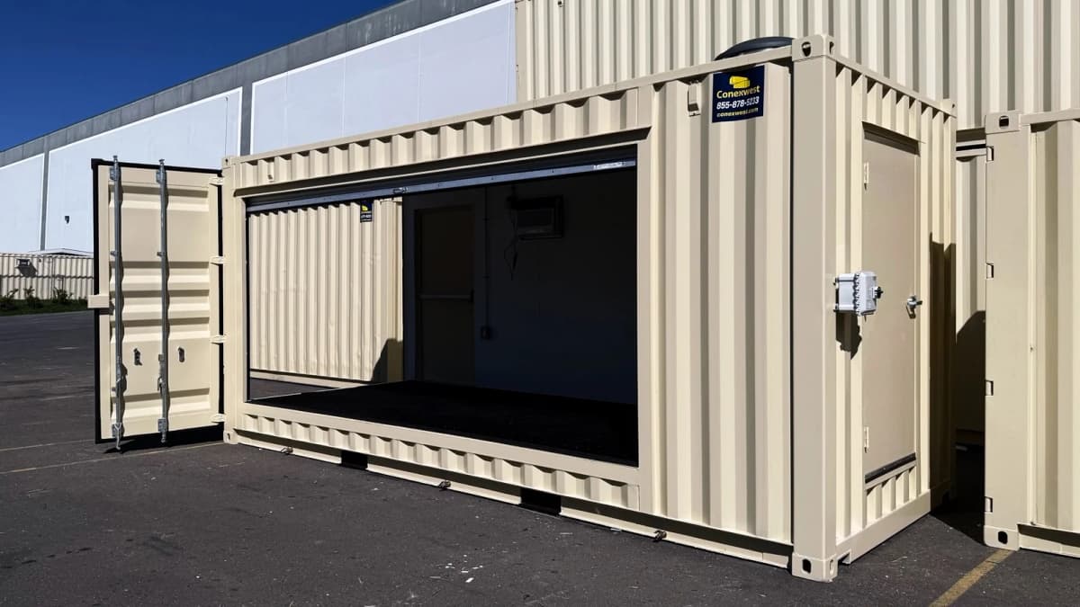 Beige 20ft shipping container with roll-up door