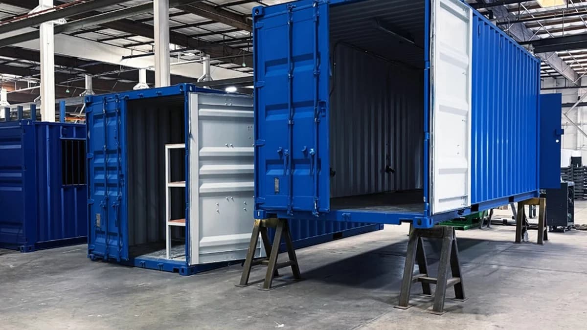 Blue containers in the factory