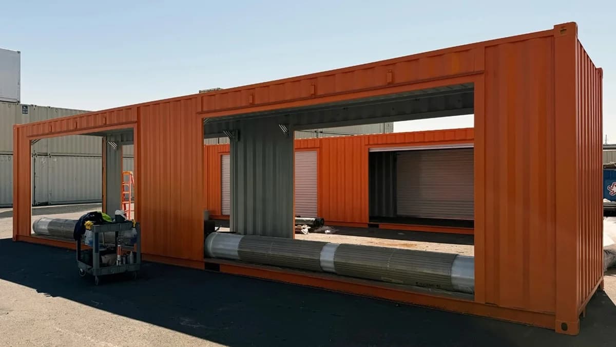 Orange container with roll-up doors