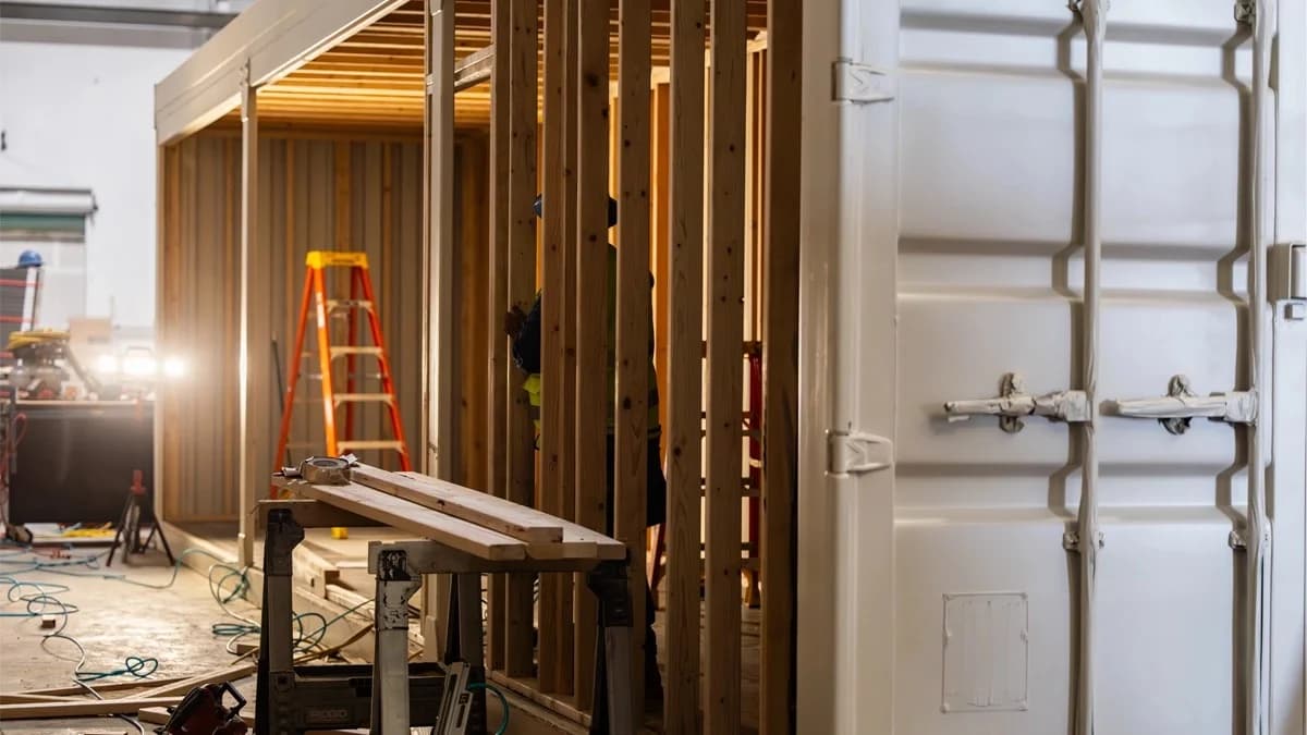 Wooden interior framing inside shipping container