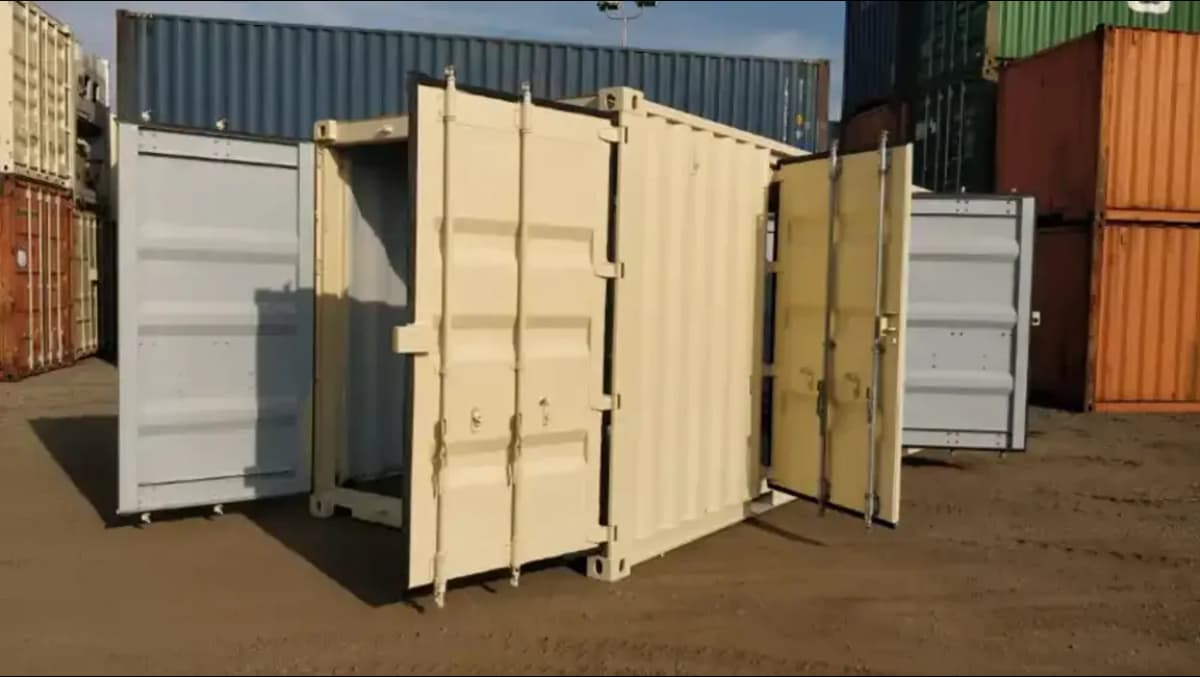 A beige-colored shipping container with all its doors open in a storage site among other shipping containers.