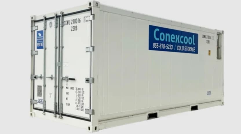 A white 20-foot Conexcool cold storage container with double doors.