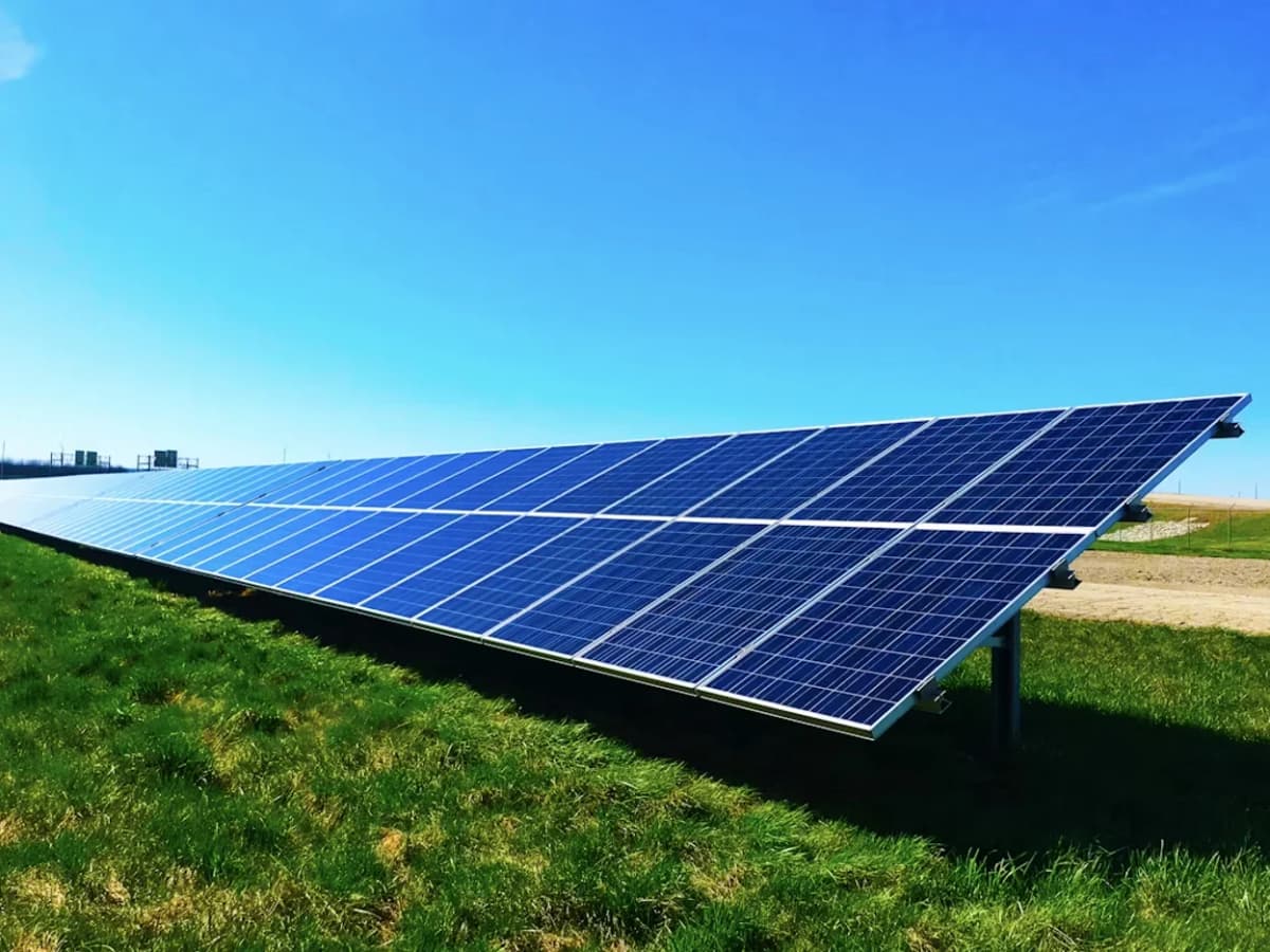 Blue solar panels on a field with the sun shining brightly in the background.
