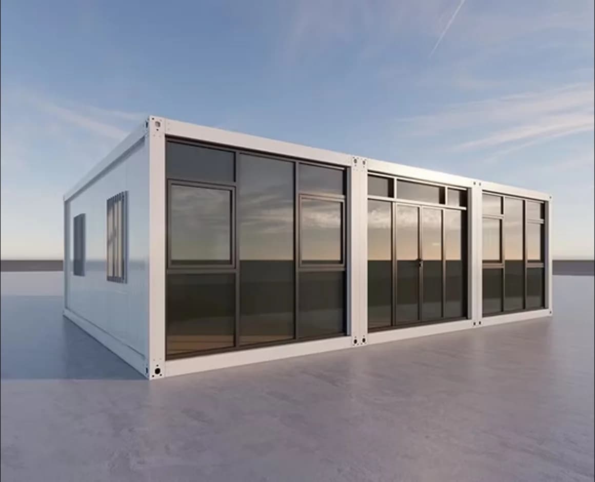 Image of shipping container structure with glass walls.