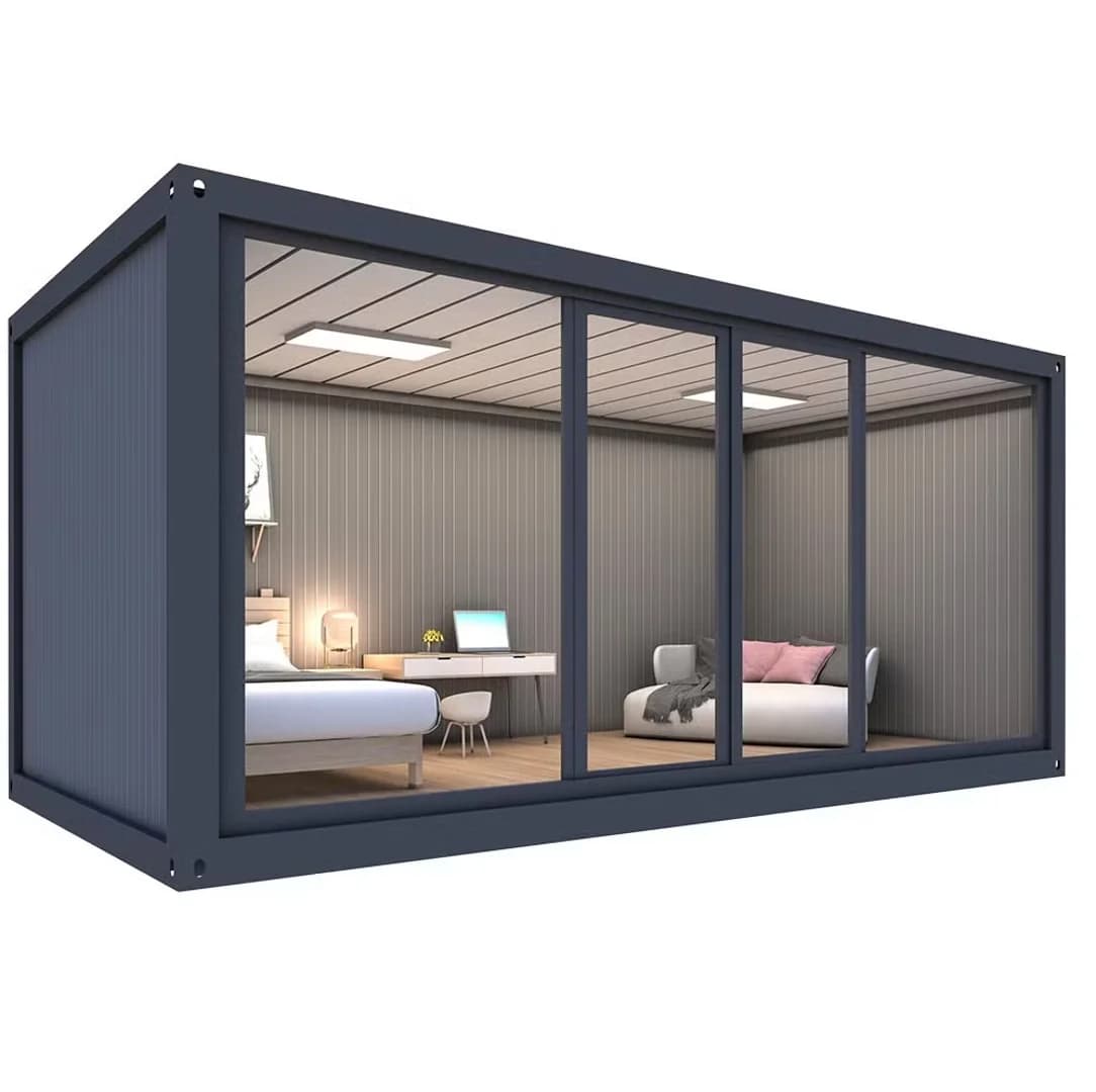 Image of shipping container structure with glass walls.