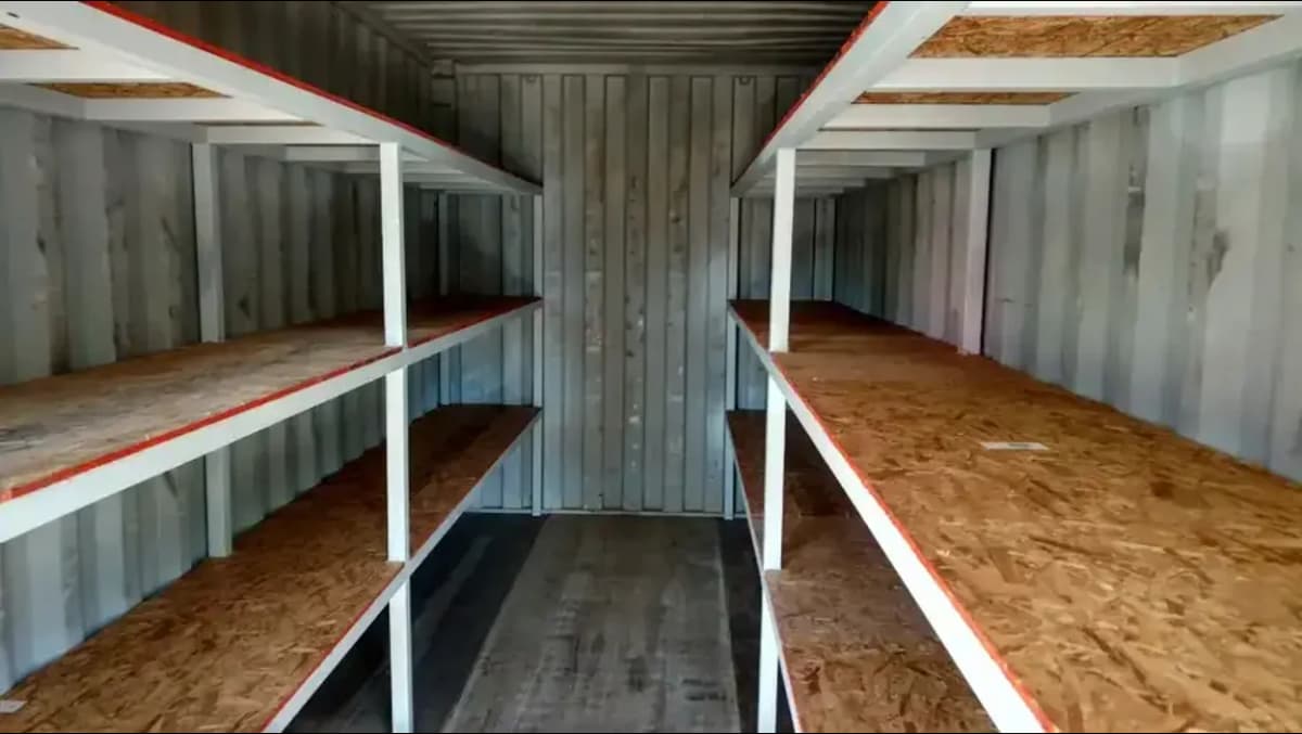 Steel shelving for shipping containers.