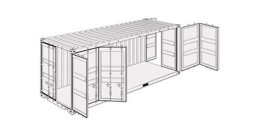 Technical illustration of a 20-ft shipping container with both end doors and full-length side doors open.