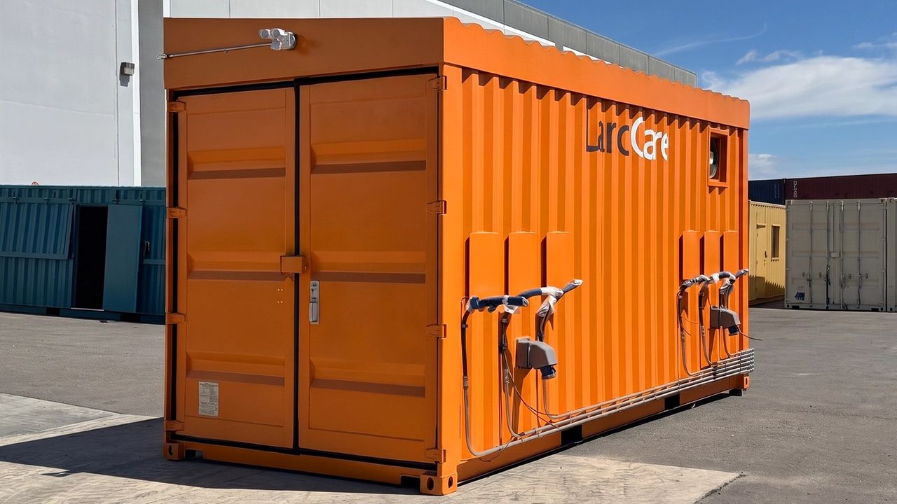 20ft container charging station side view with LandCare branding