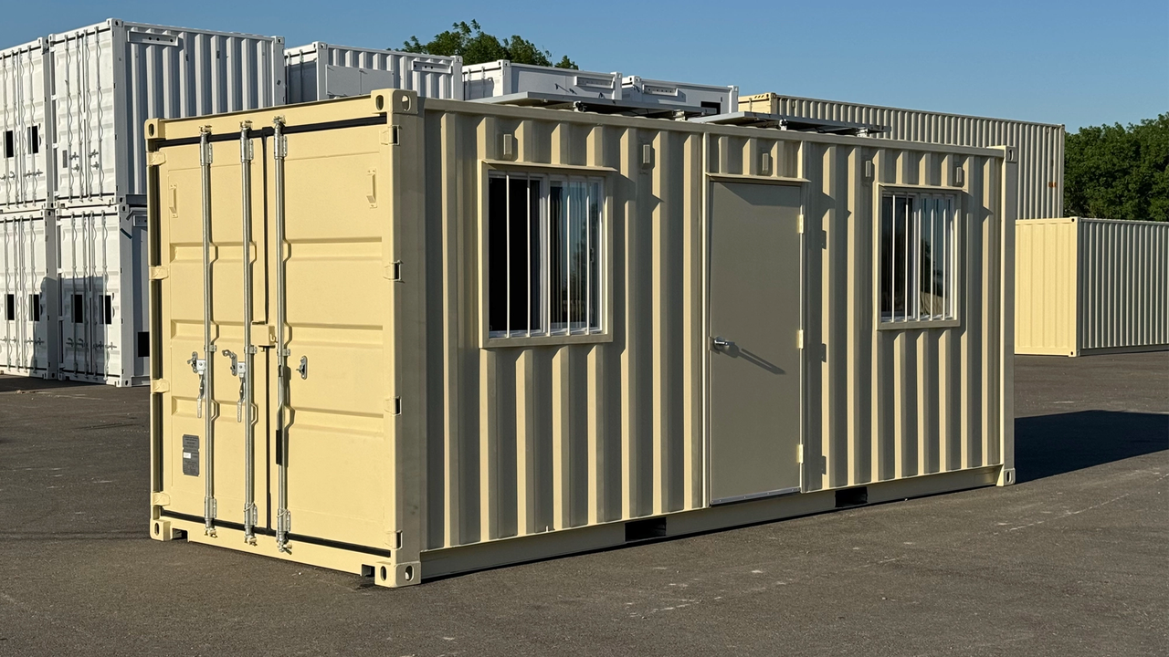 20ft office container with solar panels at the container yard