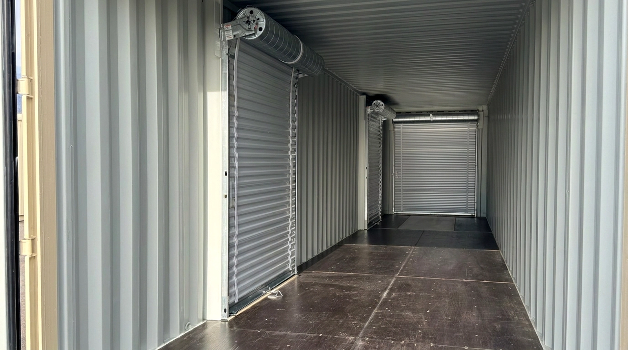 40ft beige container interior with roll-up doors
