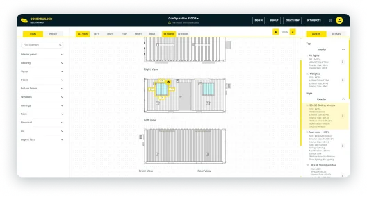 ConexBuilder interface showing container design workspace