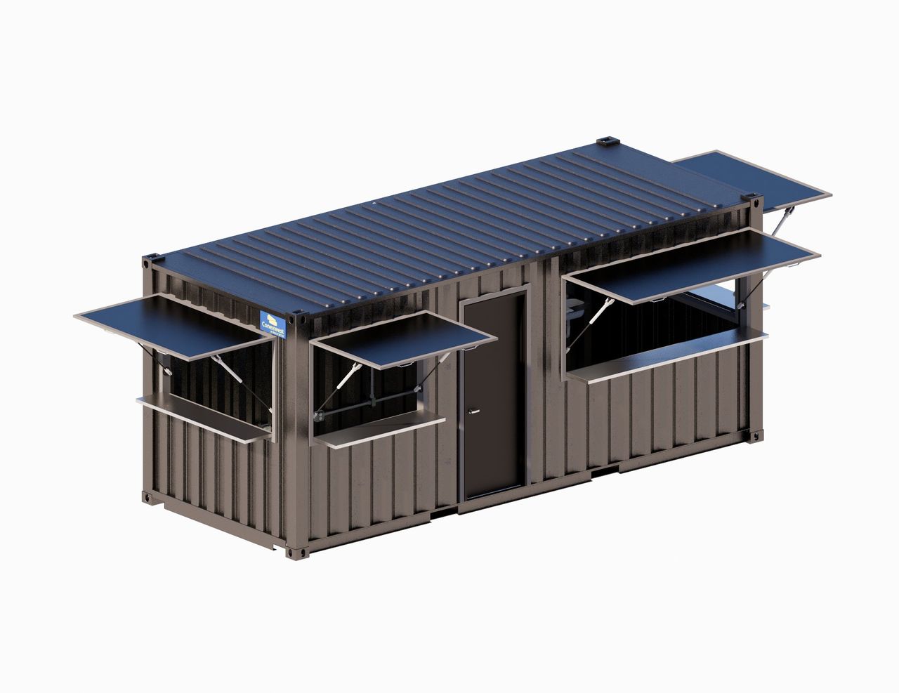 Black shipping container storefront rendering with multiple service windows