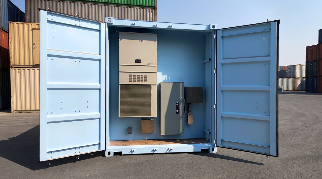 Blue 20ft shipping container with opened cargo door
