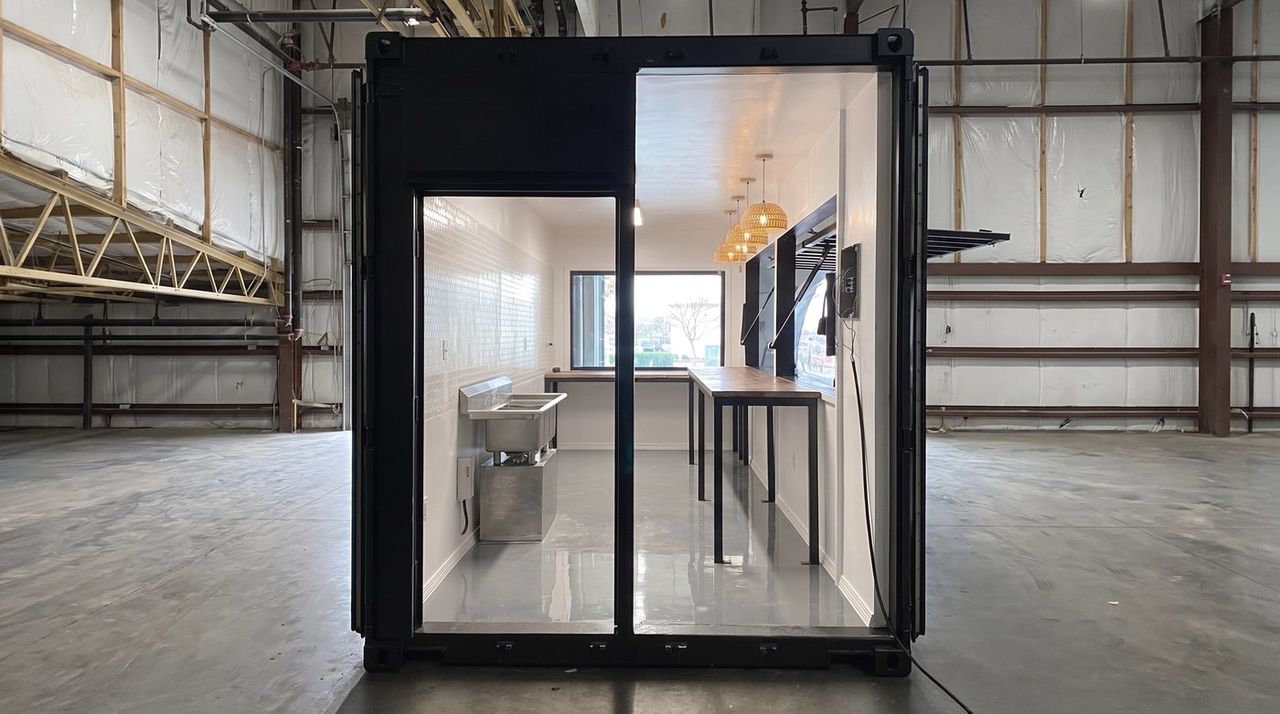 Boba and Brew container cafe with service opening