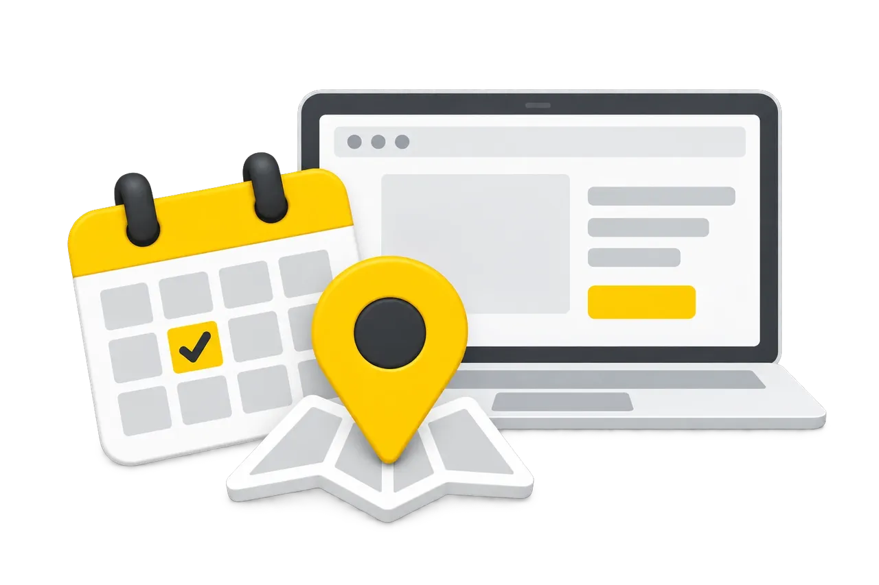 Calendar, map pin, and laptop for confirming container delivery details