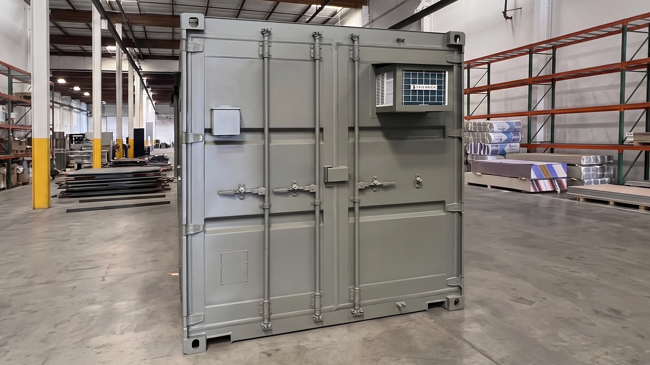 D’Ambra Construction container site office front view with HVAC