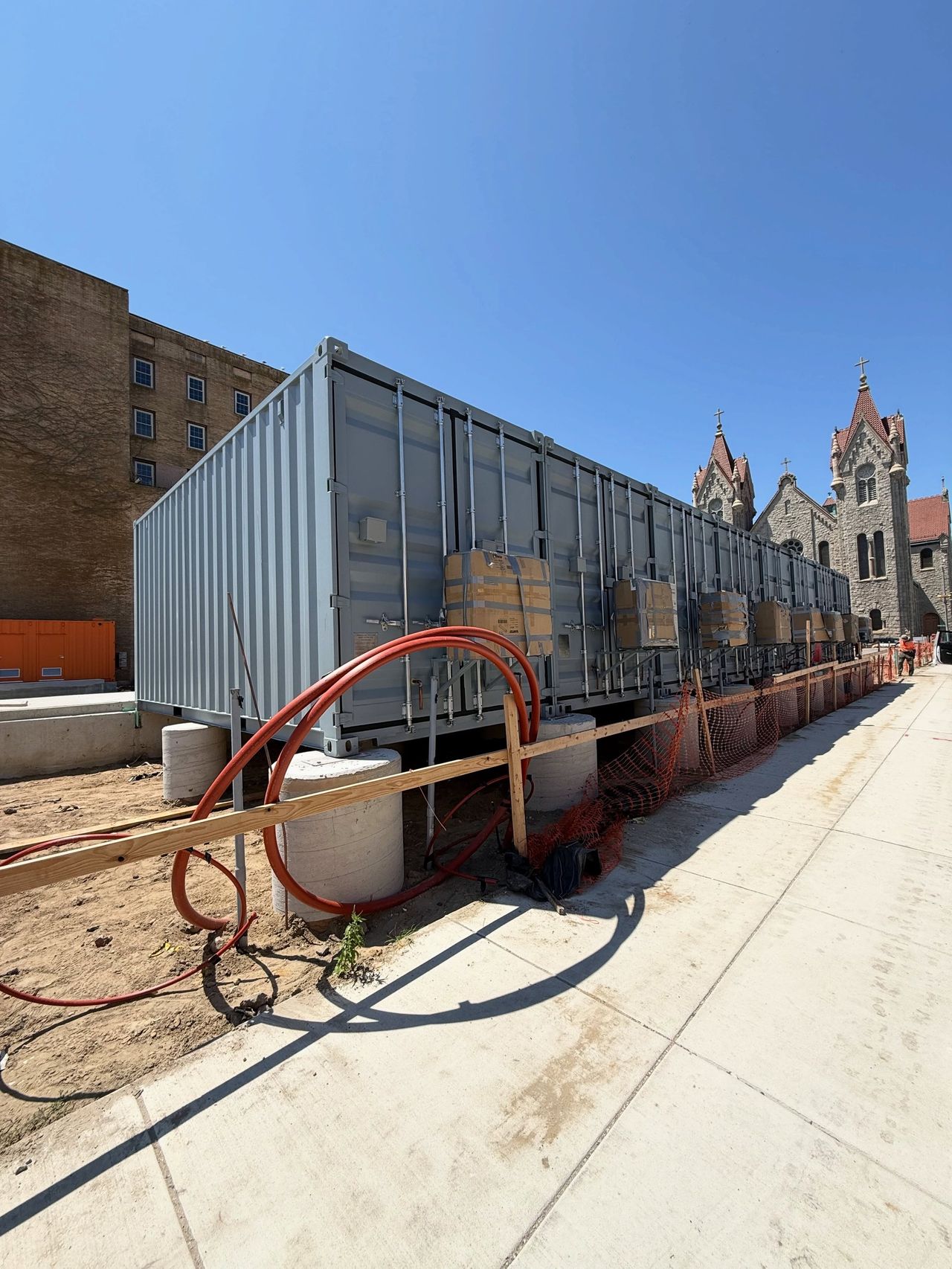 Finished Atlantic City container park storefronts with seating