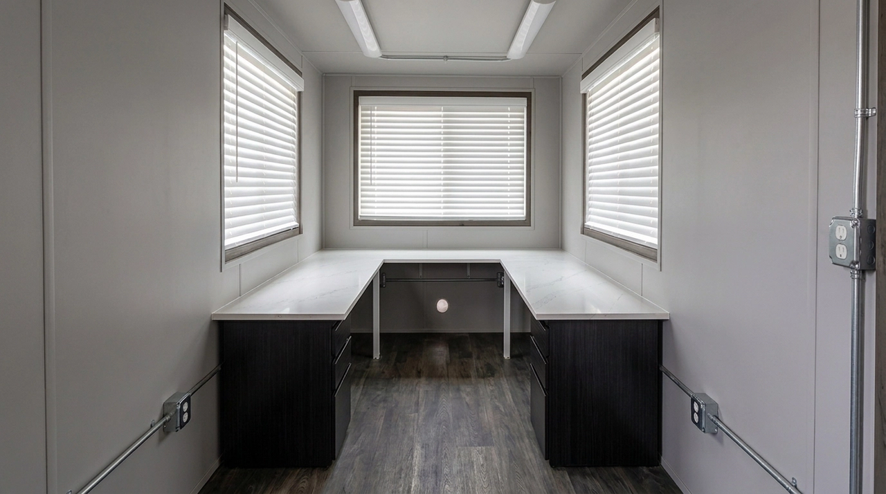 Finished D’Ambra container office interior with wraparound desk