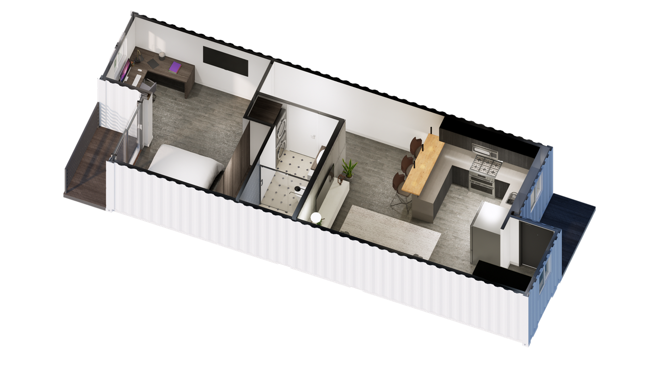 Multi-story container apartment exterior rendering