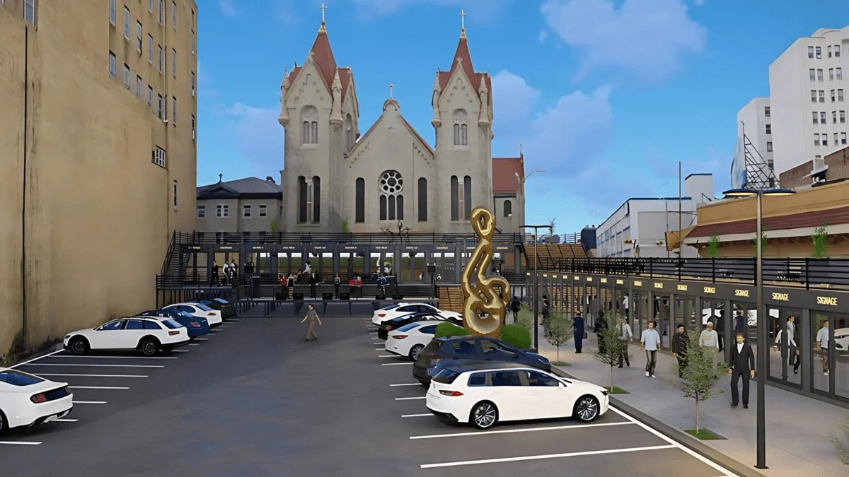 Orange Loop container park rendering with blue commercial units