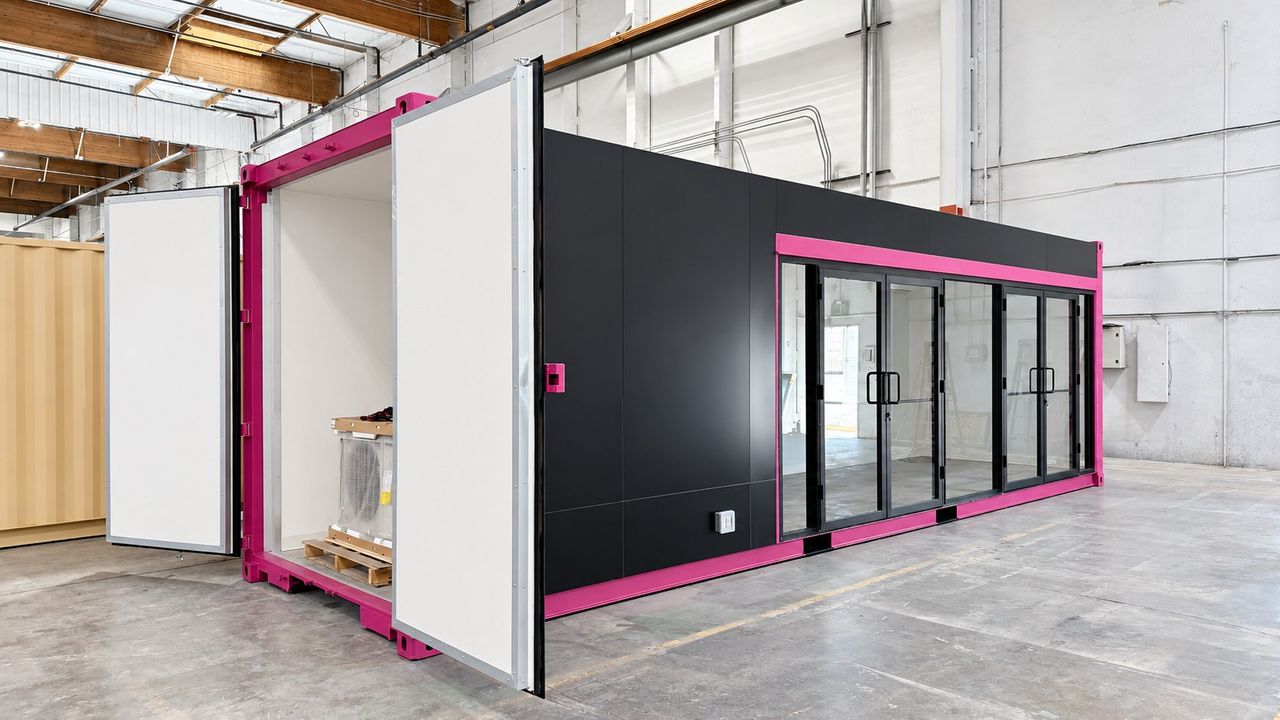 Pulseworks container with ACM cladding and glazed storefront