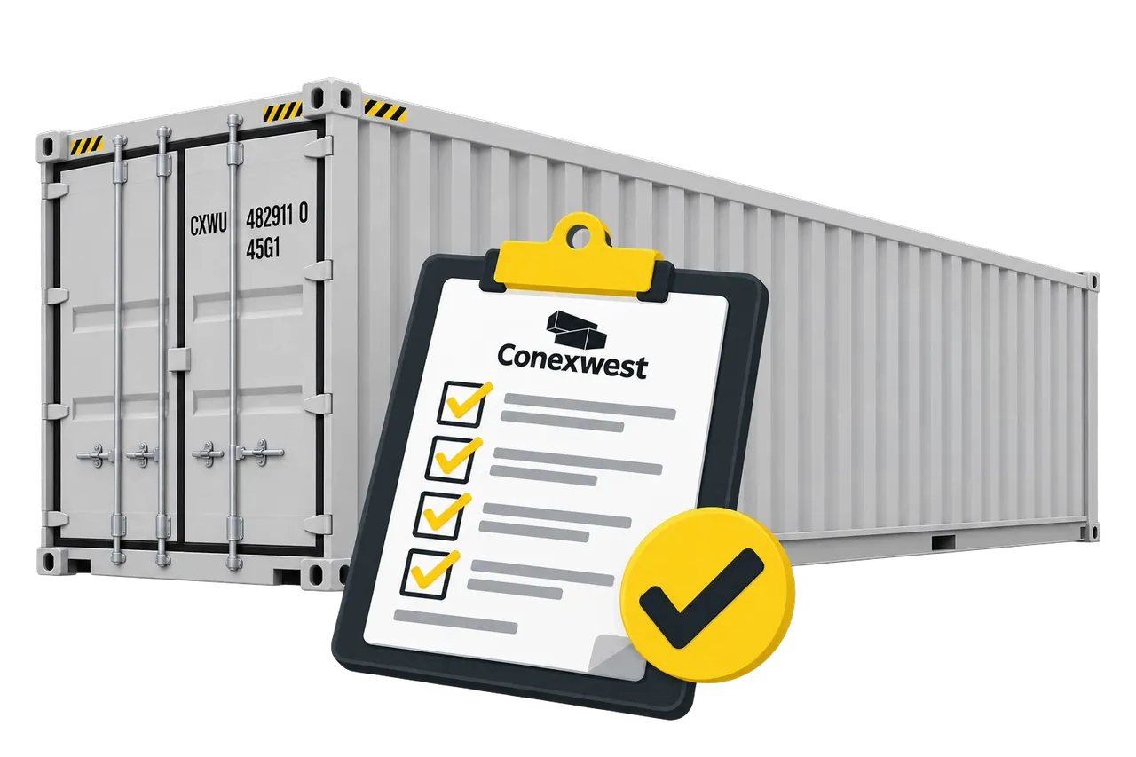 Shipping container with a Conexwest inspection clipboard