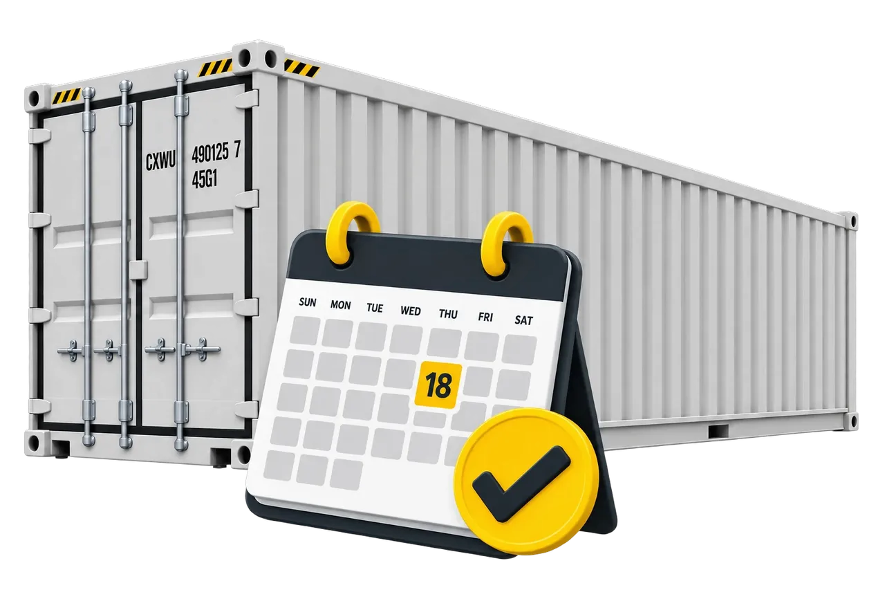 Shipping container with a delivery calendar marked 18