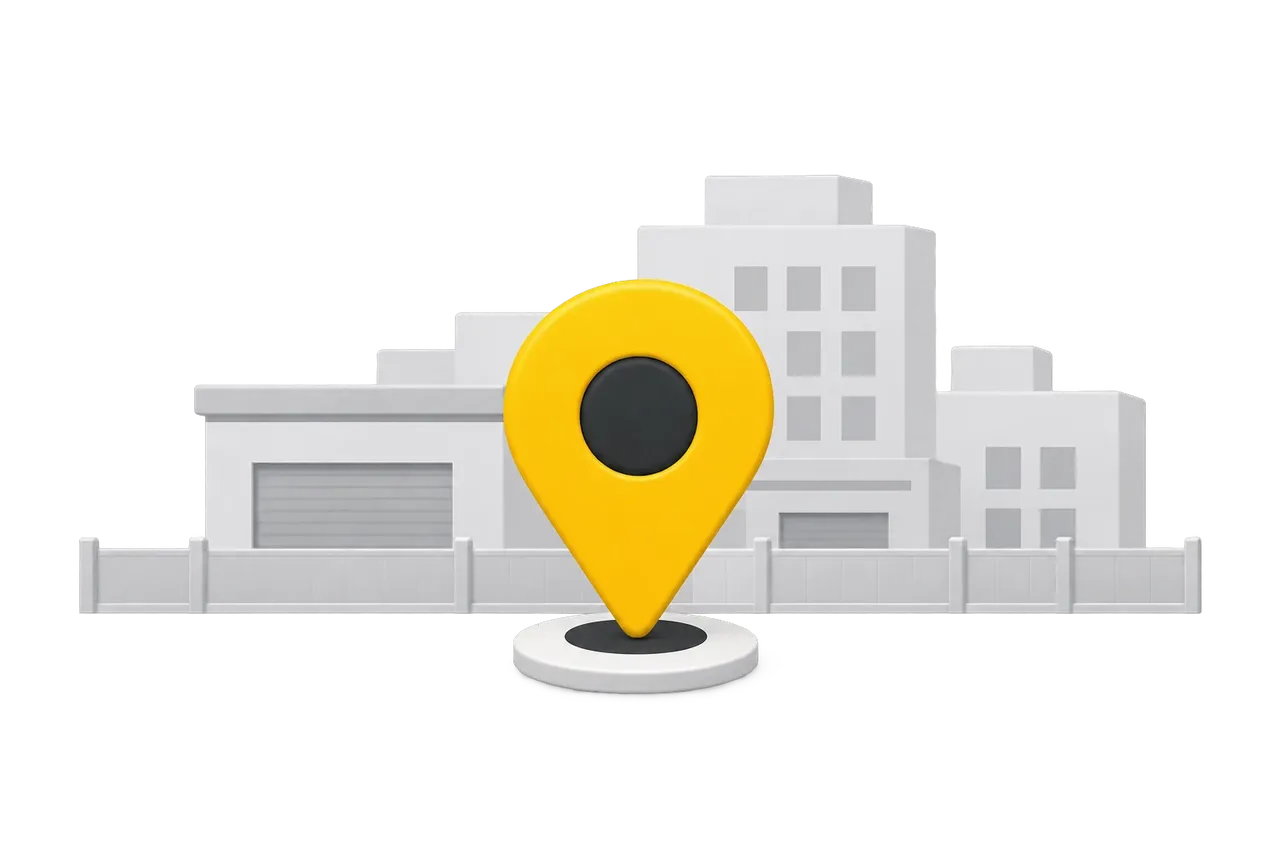 Warehouse buildings with a yellow map pin marking the delivery site