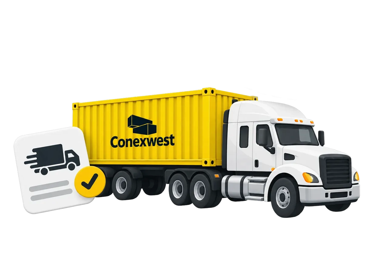 White truck carrying a yellow Conexwest shipping container