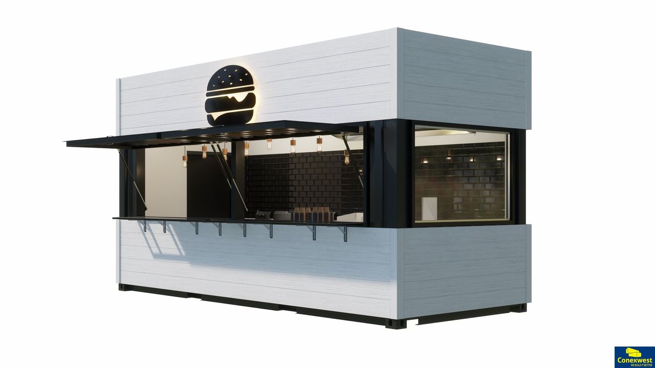 White wood-clad container burger storefront rendering