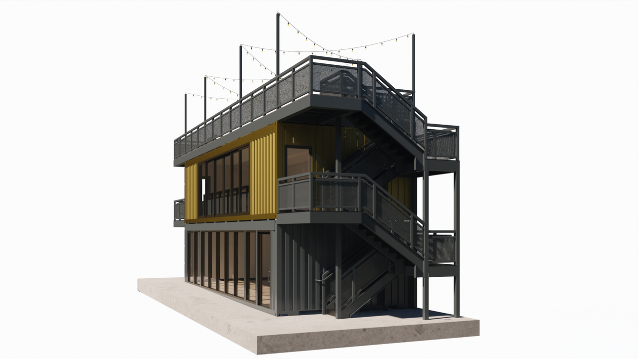 WonderLove stacked shipping containers with exterior stair system