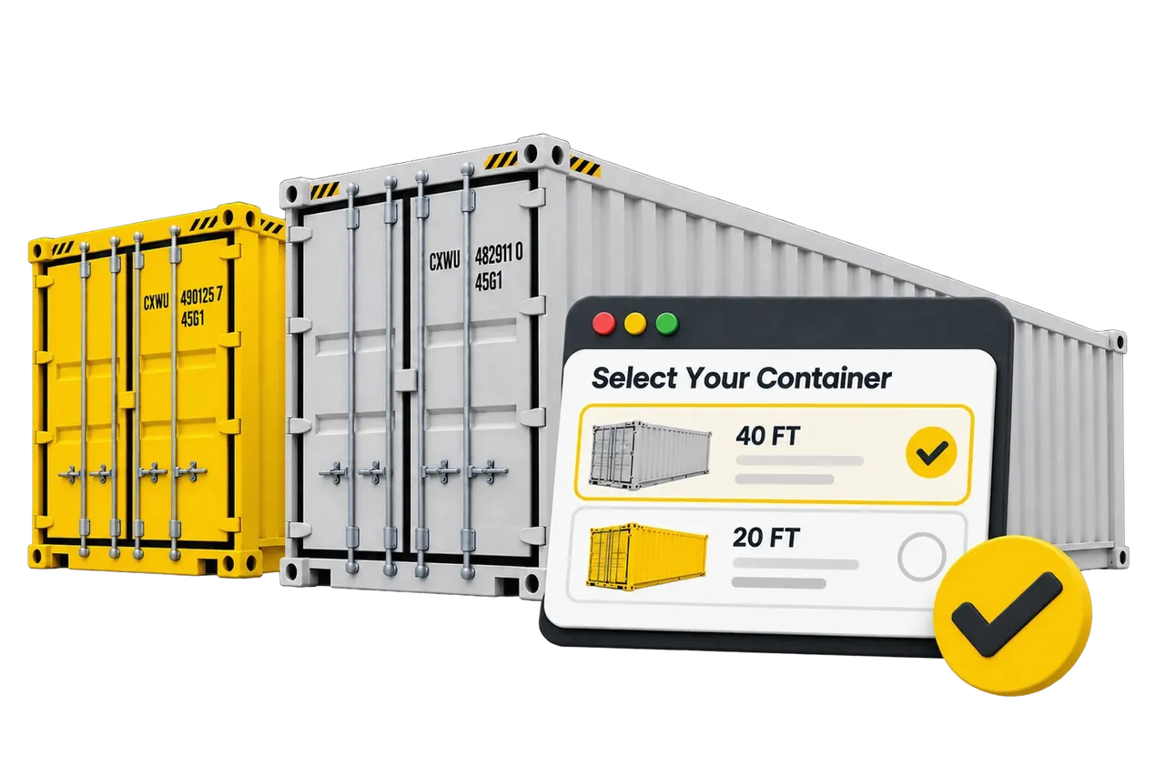 Yellow and gray shipping containers with a Select Your Container checklist