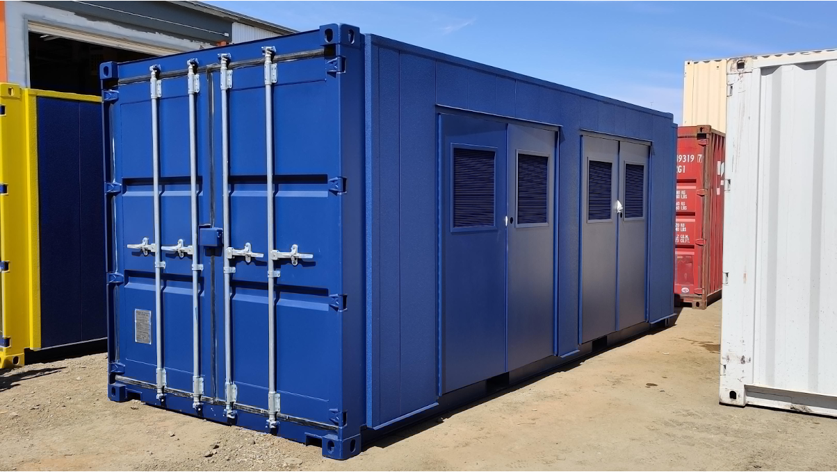 blue modified shipping container 