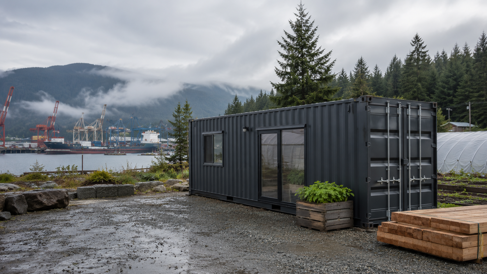 Shipping container workspace on a rainy Washington waterfront with port cranes, forested mountains, and construction materials nearby.