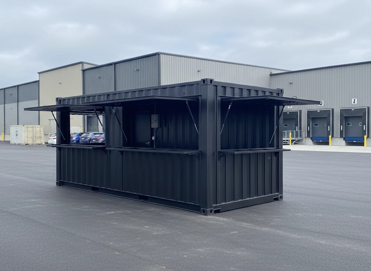 Interior shell of a custom shipping container bar with industrial finish and electrical system