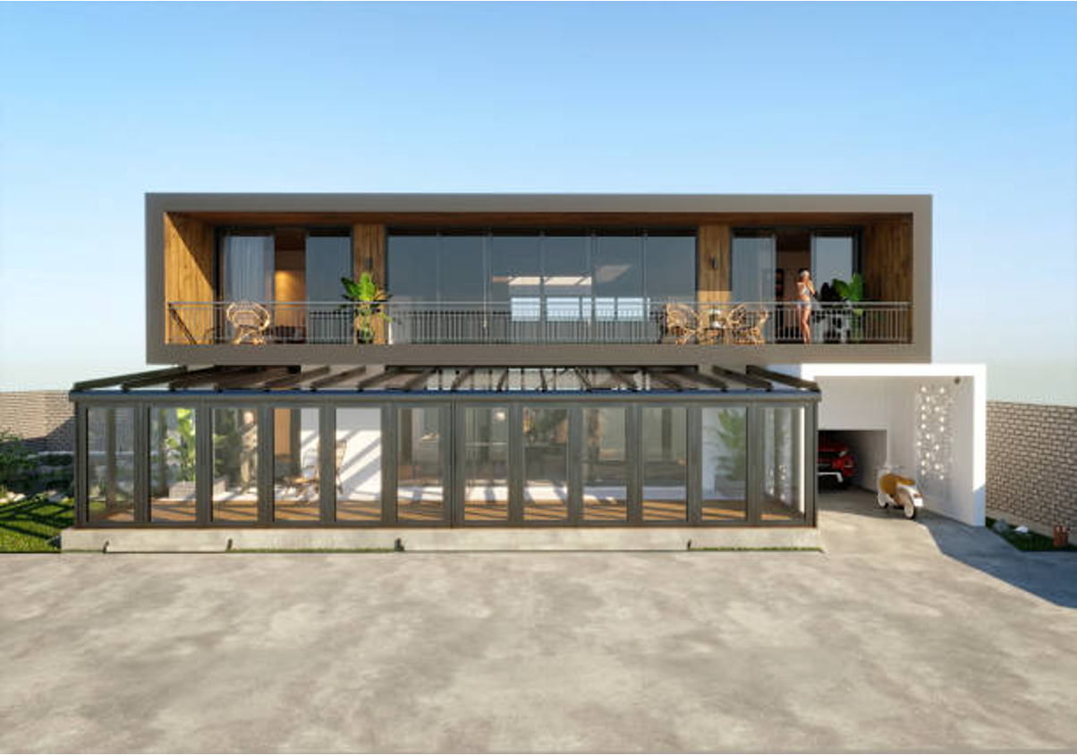 3D image of a shipping container home. 