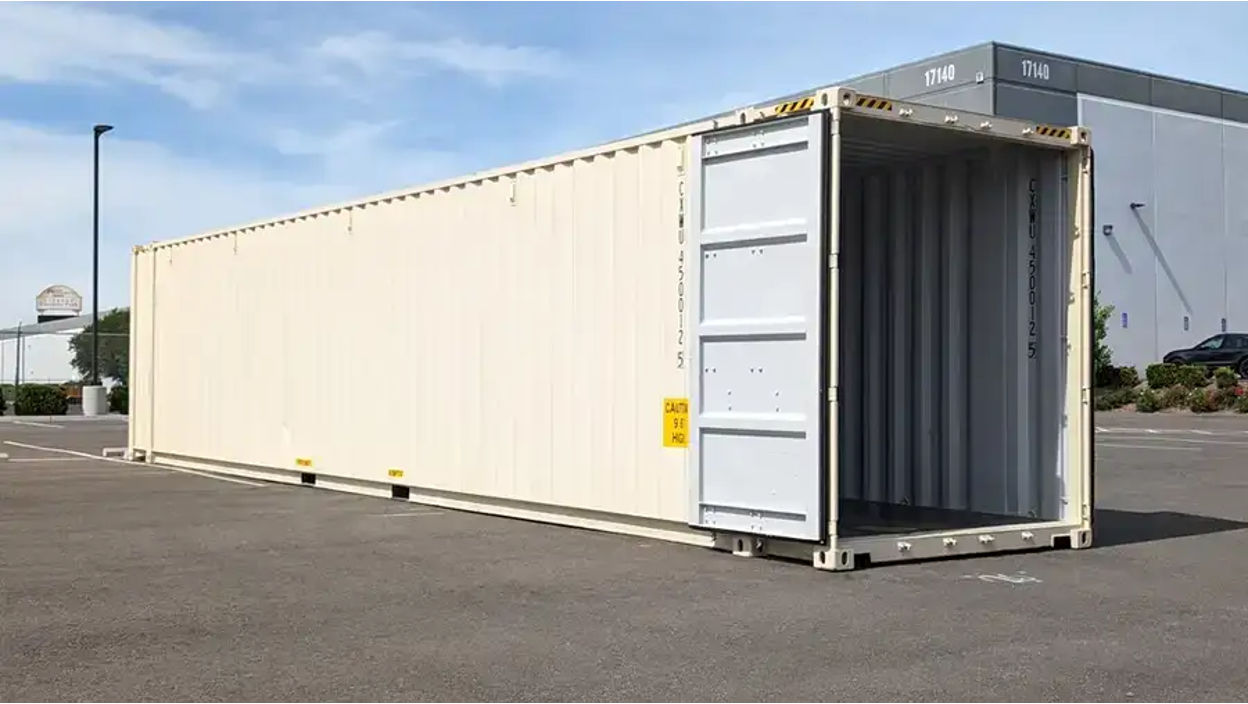 An open shipping container in a lot